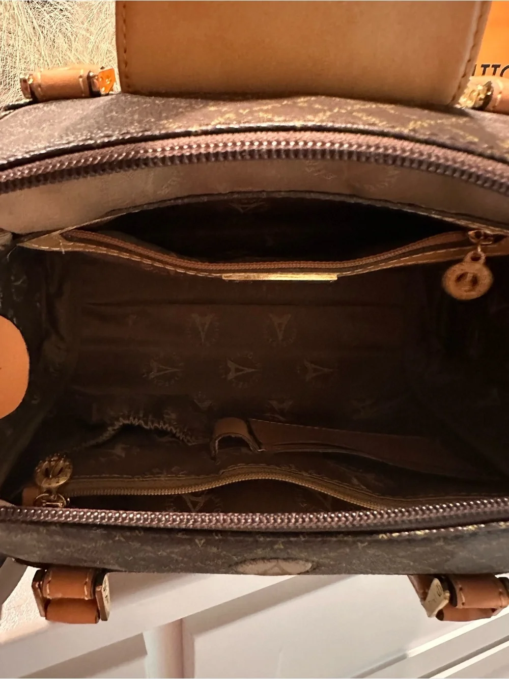 Brown Patterned Satchel with Tan Trim and Bow Accent
